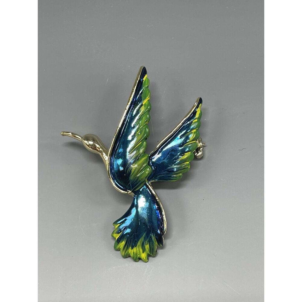 Vintage Tropical‎ Bird Enamel Brooch Pin Gold -Tone Retro